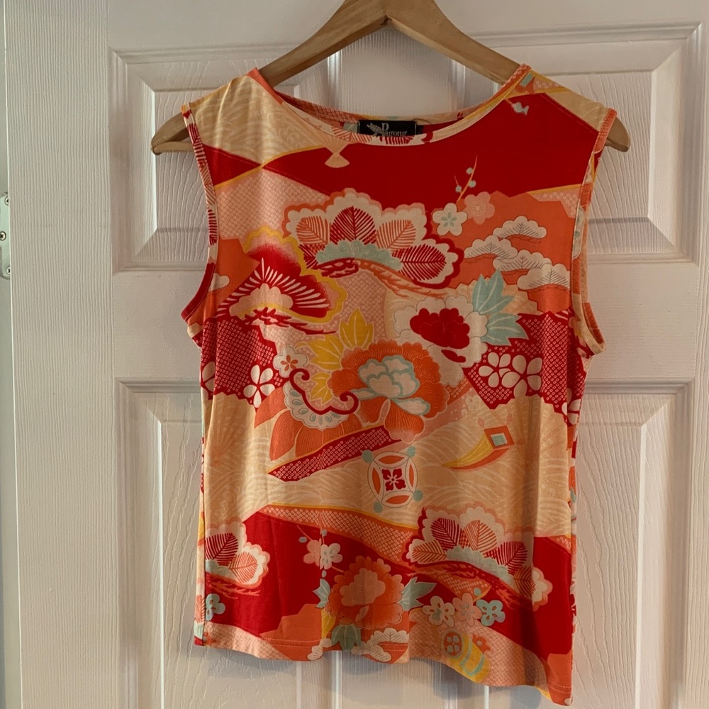 Japanese Floral Sleeveless Tank Top - Red & Peach